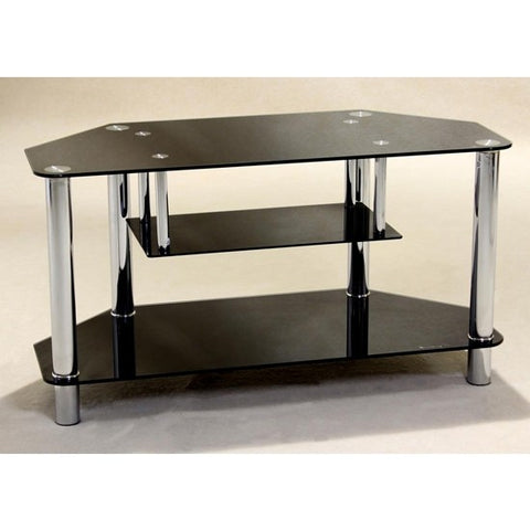 Clio Corner Black Glass TV Stand With Chrome Stands